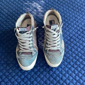 Golden Goose Mid-Star Burgundy and Blue Glitter Sneakers